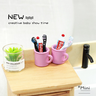 Miniature Food Play Scene ob11 Baby House Bathroom Accessories Mini Vintage Mouthwash Cup + Toothpaste Toothbrush Set N115