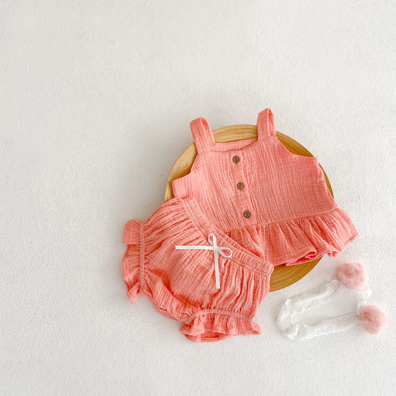 Spot ins Baby Summer Candy Color Baby Clothes Baby Breathable Cotton and Linen Sling Fart-wrapped Pants Two-piece Set
