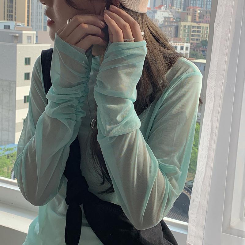 High Collar Mesh Base Shirt Spring and Autumn New Style Thin All-match T-shirt Sunscreen Clothes Women's Gauze Clothes