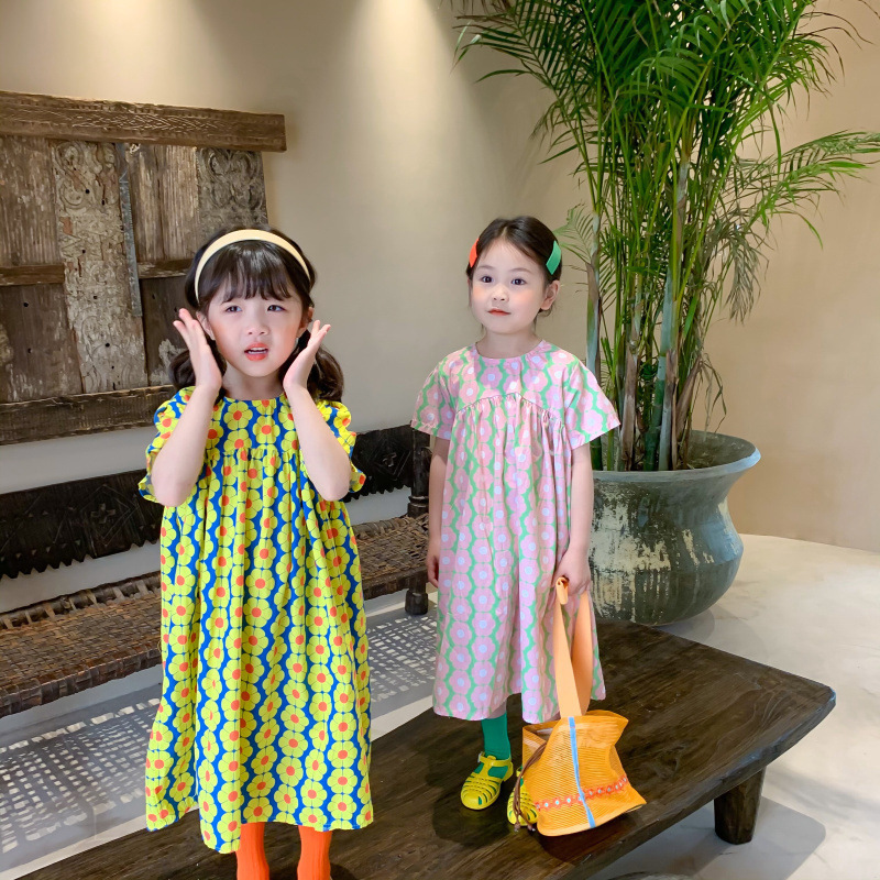 Girls' vertical stripe color-blocked short-sleeved dress princess dress 2024 summer new model foreign trade children's clothing distribution