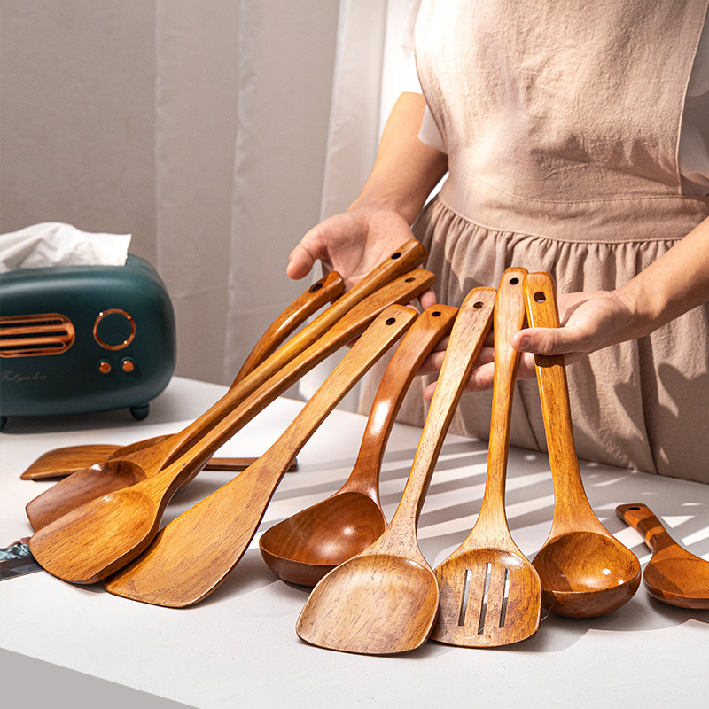 Kemu spatula wooden spatula wholesale wooden stir-fry spatula large soup spoon rice spoon household wooden kitchenware spatula spoon set