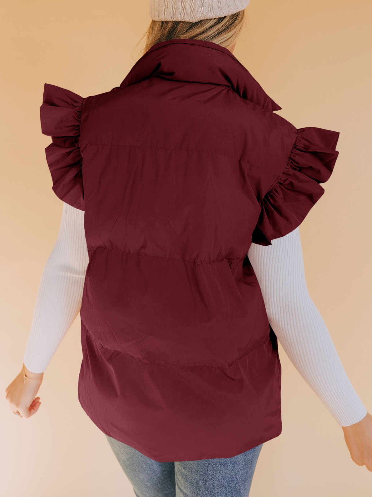 Grenzüberschreitende europäische und amerikanische Herbst- und Winterneuheiten mit lockerer Tasche und Baumwollpolsterung, fliegende Ärmel, elegante Weste, Stehkragen, Mode, Einreiher_voghion.com