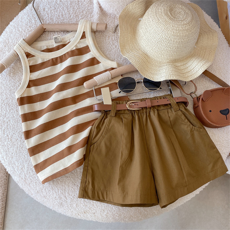 Girls Korean Style Fashionable Western Style Suit 2023 Summer Thin Children's Striped Camisole Shorts Two-piece Set