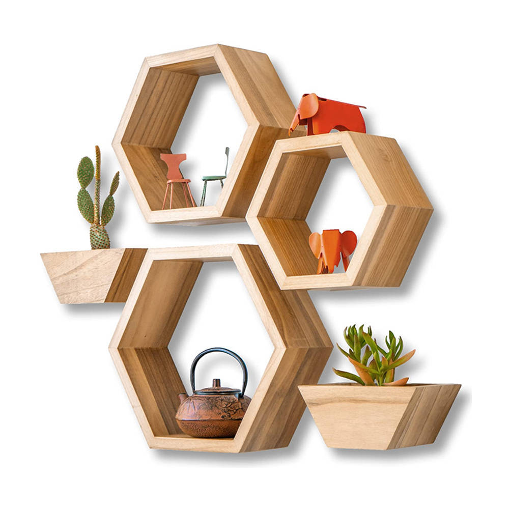 Wooden hexagonal floating shelf honeycomb decorative shelf 1 set of 3 set of 5 storage wall-mounted display storage shelf