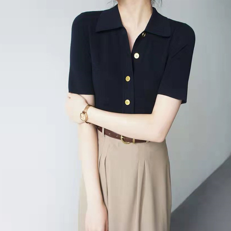 Light Luxury Simple Polo Collar Solid Color Shirt Women's 2023 Summer New Fashion Button Short Sleeve Trendy Top