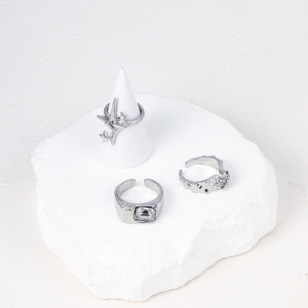 Cross-border Hot-selling Cool Style Star Mount Inlaid Zircon Opening Ring Three-piece Set Women's Personality Light Luxury Elegant Jewelry