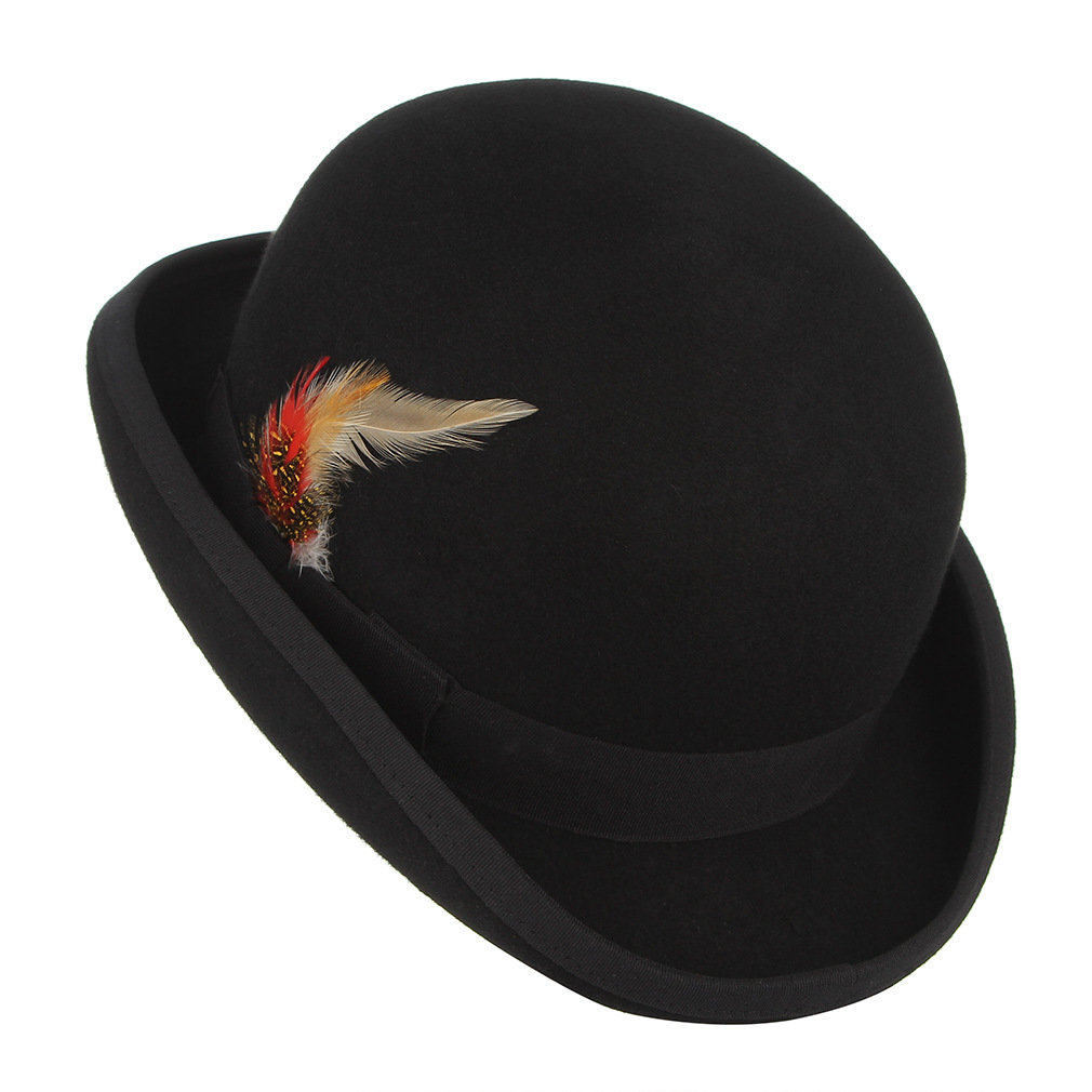 Amazon European and American Men's Hat British Feather Decoration Dome Hat Wool Top Hat Jazz Hat Gentleman Top Hat