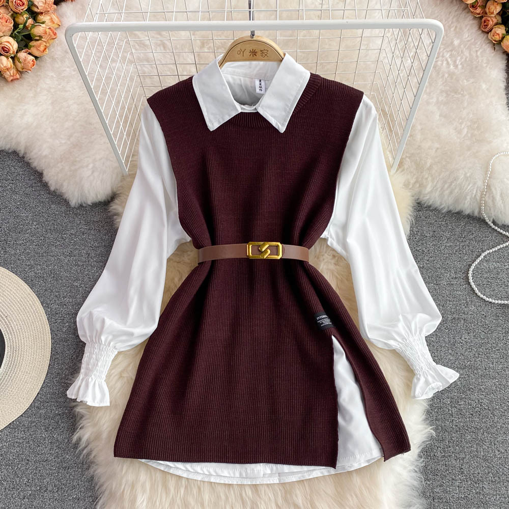 2024 Spring and Autumn Long Sleeve Suit White Shirt Sweater Vest Age-reducing Loose Knitted Vest Shirt Two-piece Set for Women