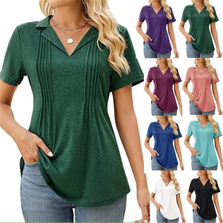 Spot 2023 Amazon Explosions European and American Women's V-neck Short Sleeve Pleated T-shirt Solid Color Women's Casual Top Women's Clothing