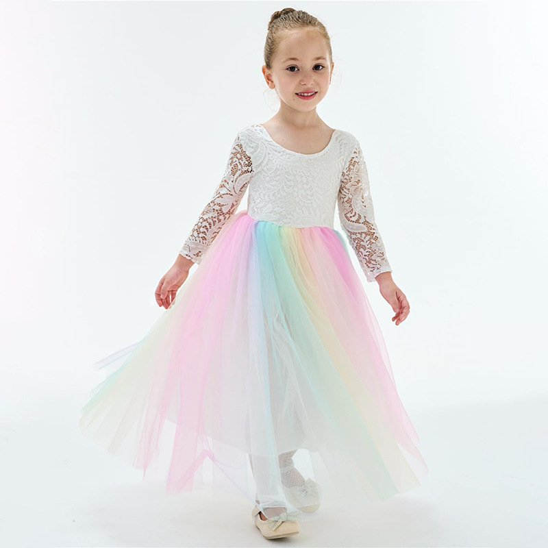 European and American Best Selling Girls Colorful dress Trendy Dress for Little Girls Princess Dress Evening Performance Children Lace Dress