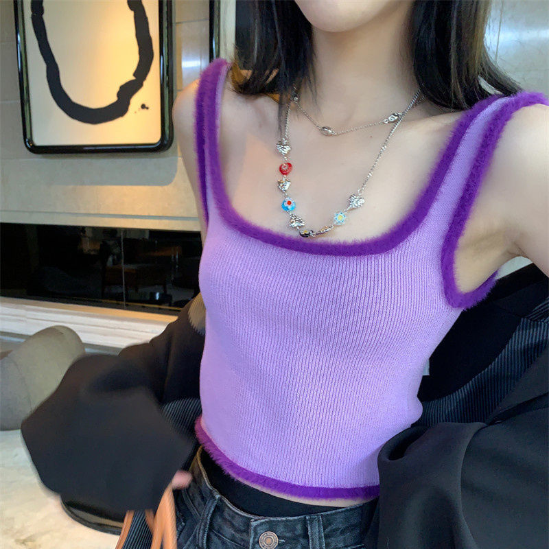 Be careful with retro splicing plush top solid color short slim fit knitted bottoming vest for summer slimming and trendy outer wear