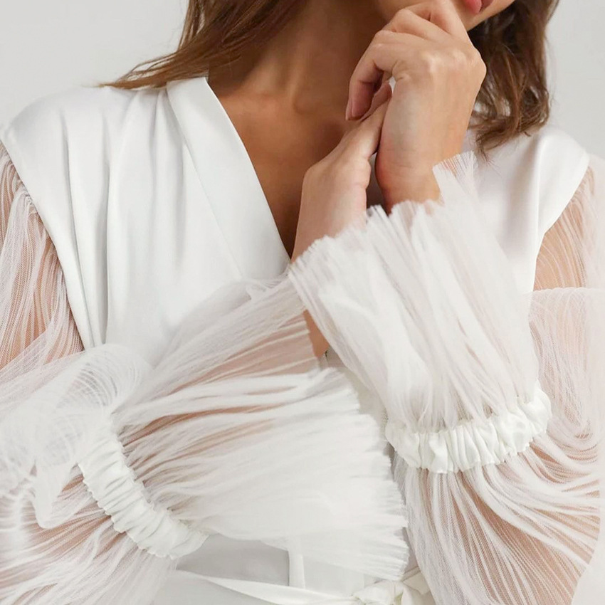 European and American Autumn Fashion Sexy Silk Loose Nightgown Mesh Long Sleeve Long Comfortable Breathable Women's Home Clothes
