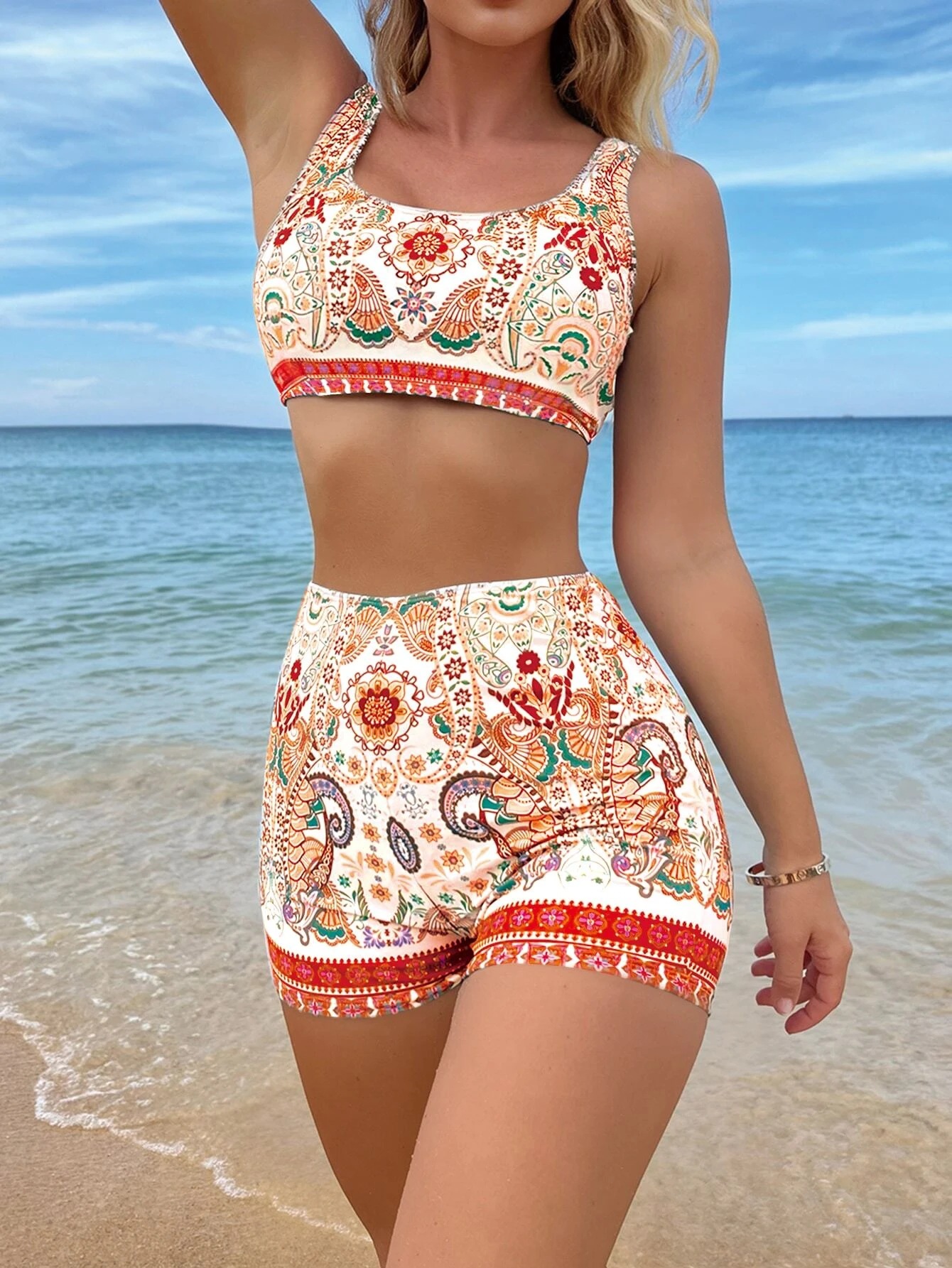 2023 new European and American cross-border split swimsuit retro ethnic style printed high waist boxer bikini fashion swimsuit