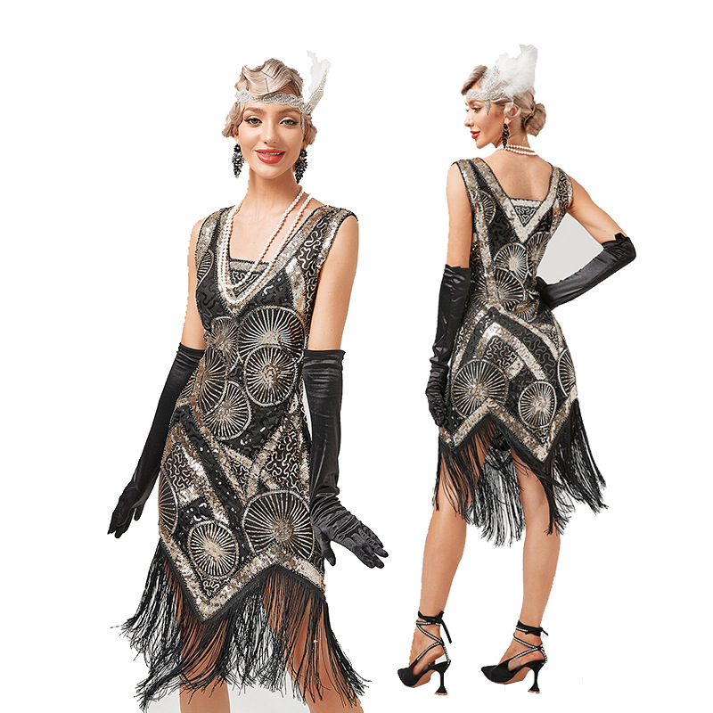 Cross-border New Heavy Embroidered Beaded Sequin Dress European and American Banquet Dress V-neck Tassel Large Size Dress in Stock