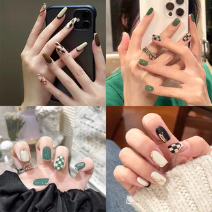 Wearing a nail nail nail piece fake nail patch to extend the nail shake sound network popular chessboard grid fingernail wholesale
