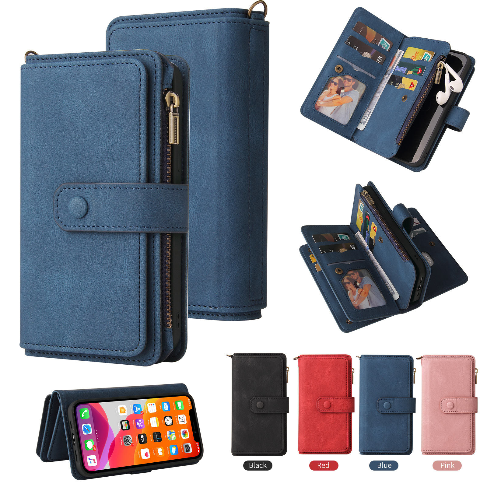 Suitable for Samsung S23ultra zipper 15 card leather case S23plus wallet phone case lanyard S23 skin feeling leather case