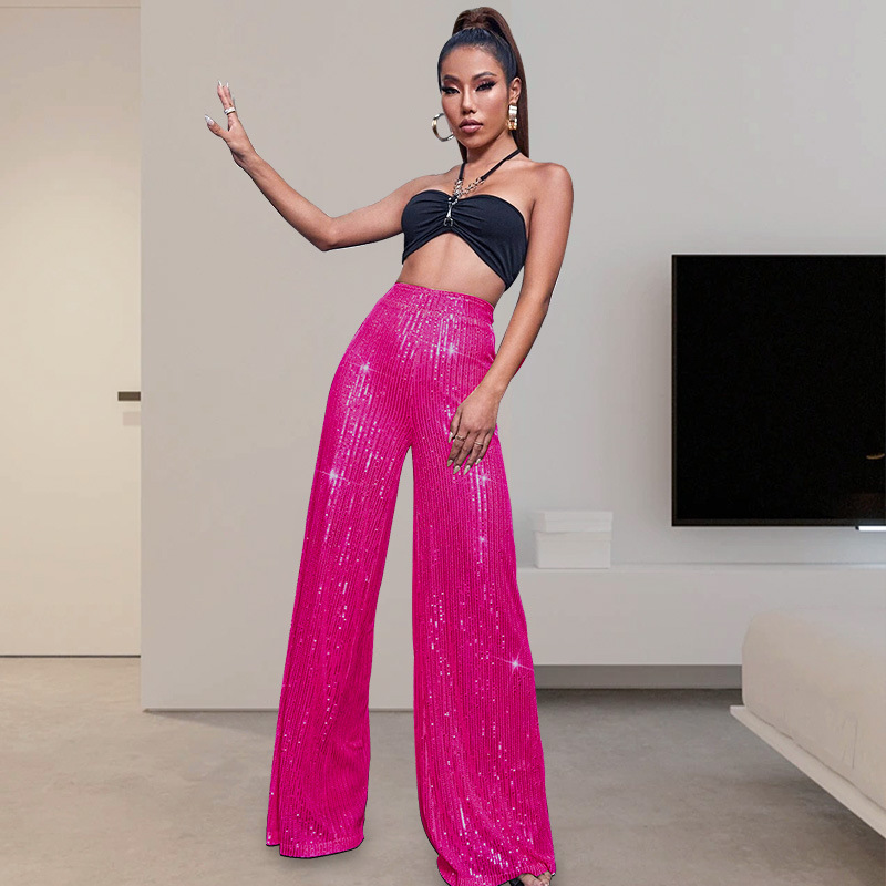 European and American Cross-border Women's Wear Pants for Autumn and Winter Amazon High Waist Wide Leg Pants Hanging Sequin Casual Pants for Women