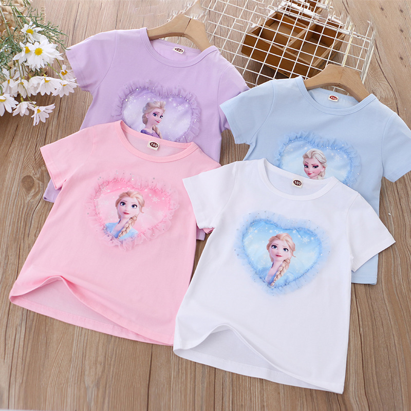 2024 Children's Clothing Summer New Style Girls' Short Sleeve Underwear Cartoon Princess Love Half Sleeve Top T-Shirt Cotton Foreign Trade 