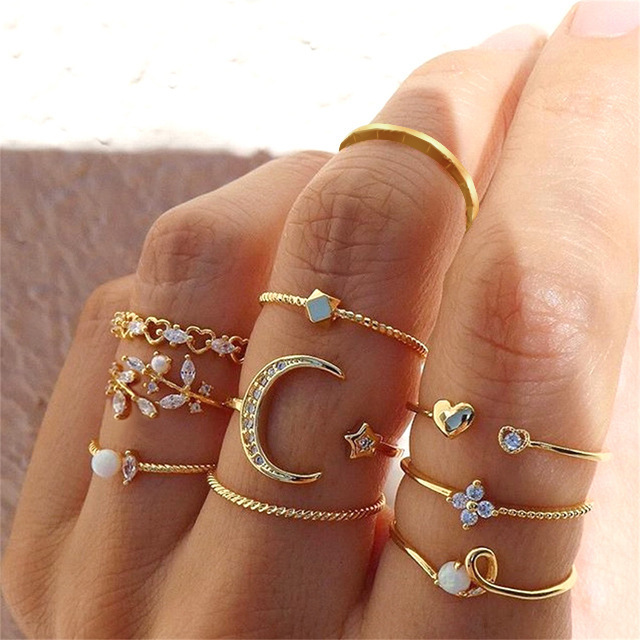 European and American cross-border hot selling ins creative geometric joint ring female hollow heart butterfly ring suit rings