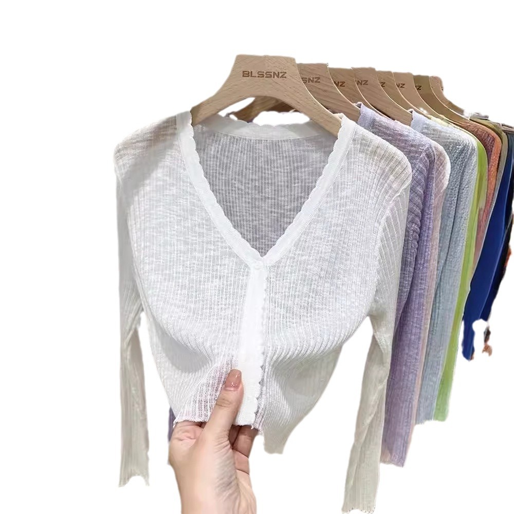 Ice silk cardigan long sleeve summer black thin sweater outer wear short air conditioning shirt sun protection clothing shawl top for women