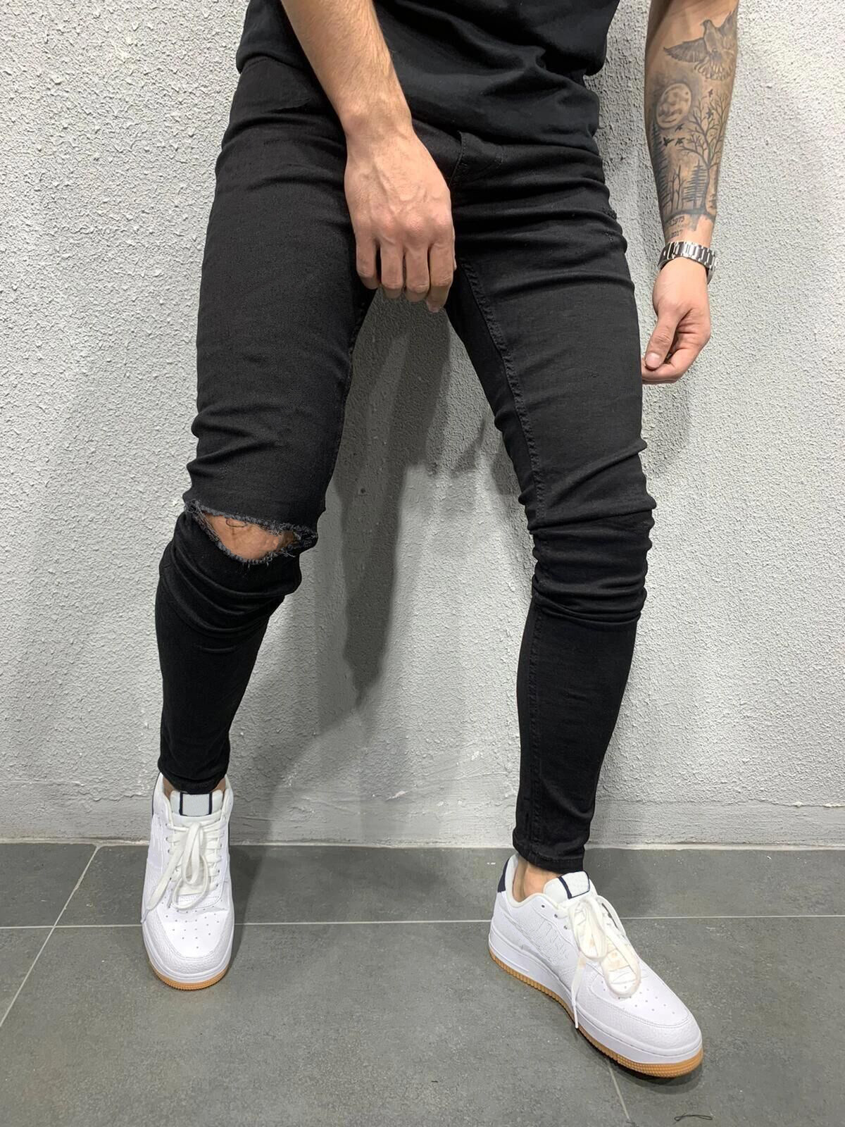 High quality European and American men's elastic tight skinny jeans foreign trade independent station Jin Dian cut rotten men's explosions