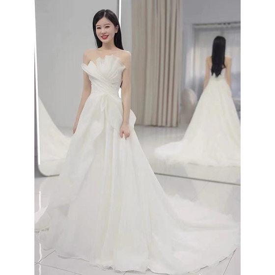 Light Wedding Dress 2024 New Bride Tube-length Simple Out-door Yarn Slimming Main Yarn Travel Shot Welcome Yarn Small Tail to the Floor