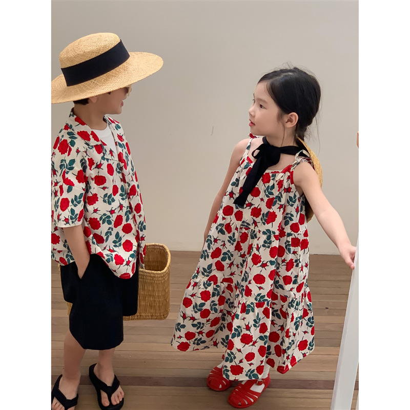 炸街兄妹裝男寶寶短袖襯衫上衣女童花朵吊帶裙花朵姐弟裝夏季