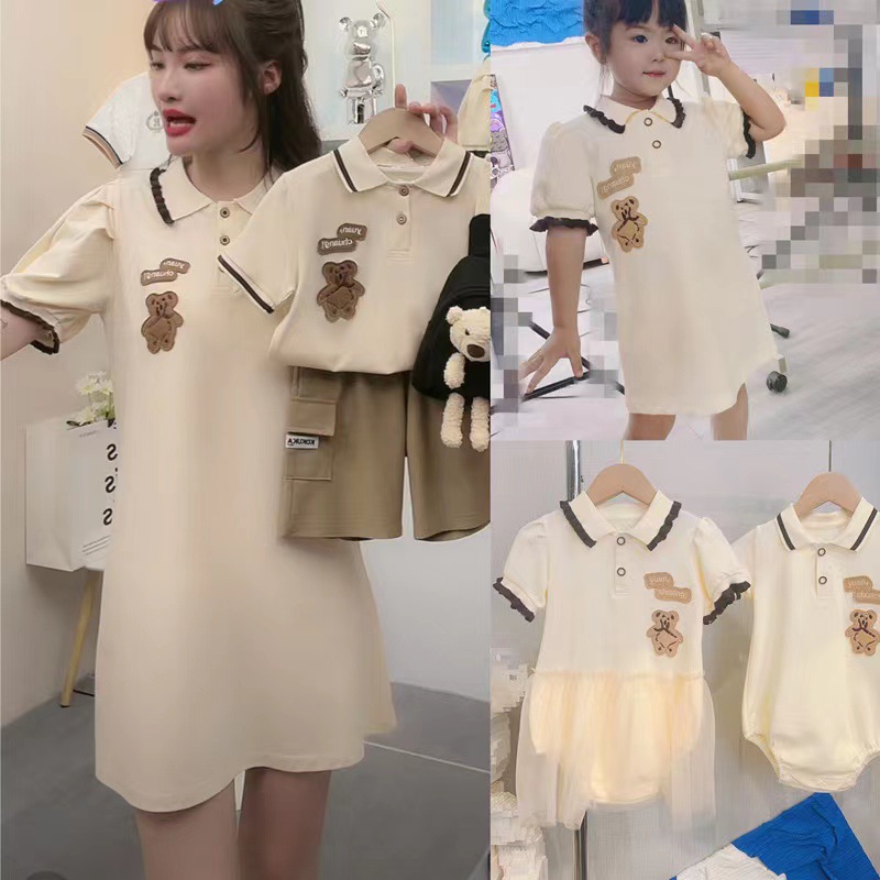 Bear embroidered parent-child clothes summer one family three or four mother-child mother-daughter dress baby romper POLO lapel short sleeve