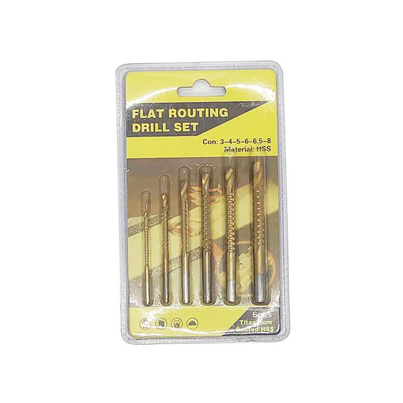 Cross-border saw and drill one high-speed steel round handle titanium-plated woodworking groove multi-function saw-tooth twist drill set 6-piece set