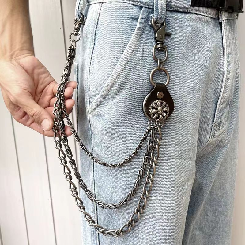 Punk hip hop motorcycle Street men's pants chain trendy cowhide stitching waist chain metal American retro chain