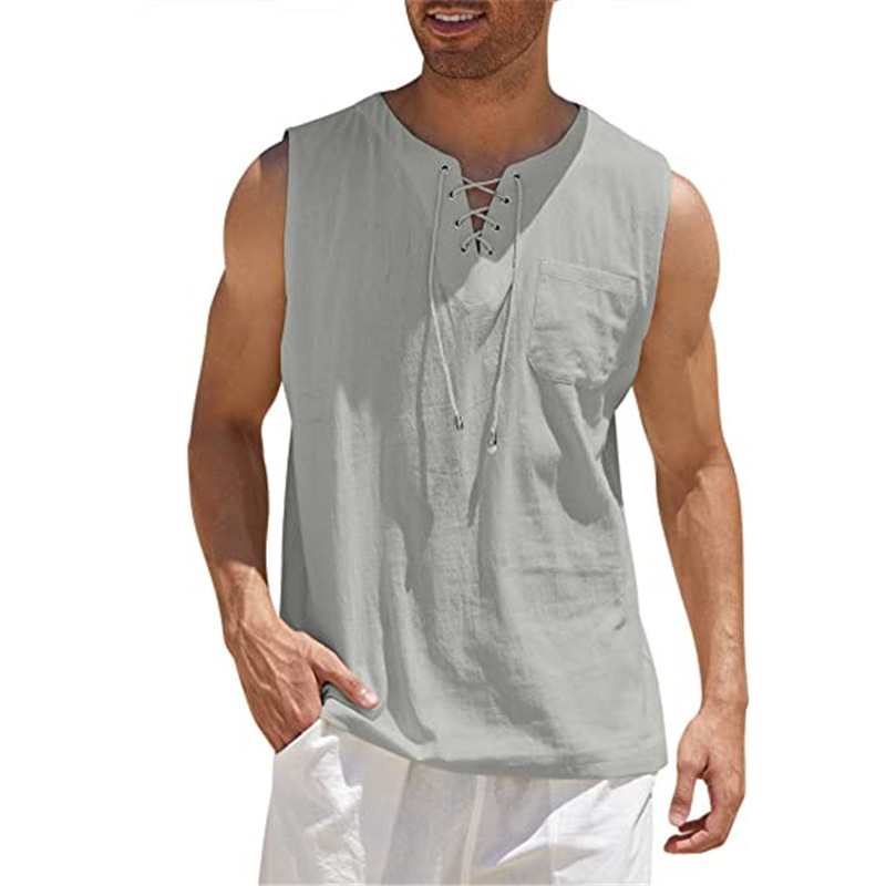 2024 Cross-border Amazon Hot Sale New Men's Vest Shirt Lace-up Fashion Solid Color Cotton and Linen Short-sleeved T-shirt