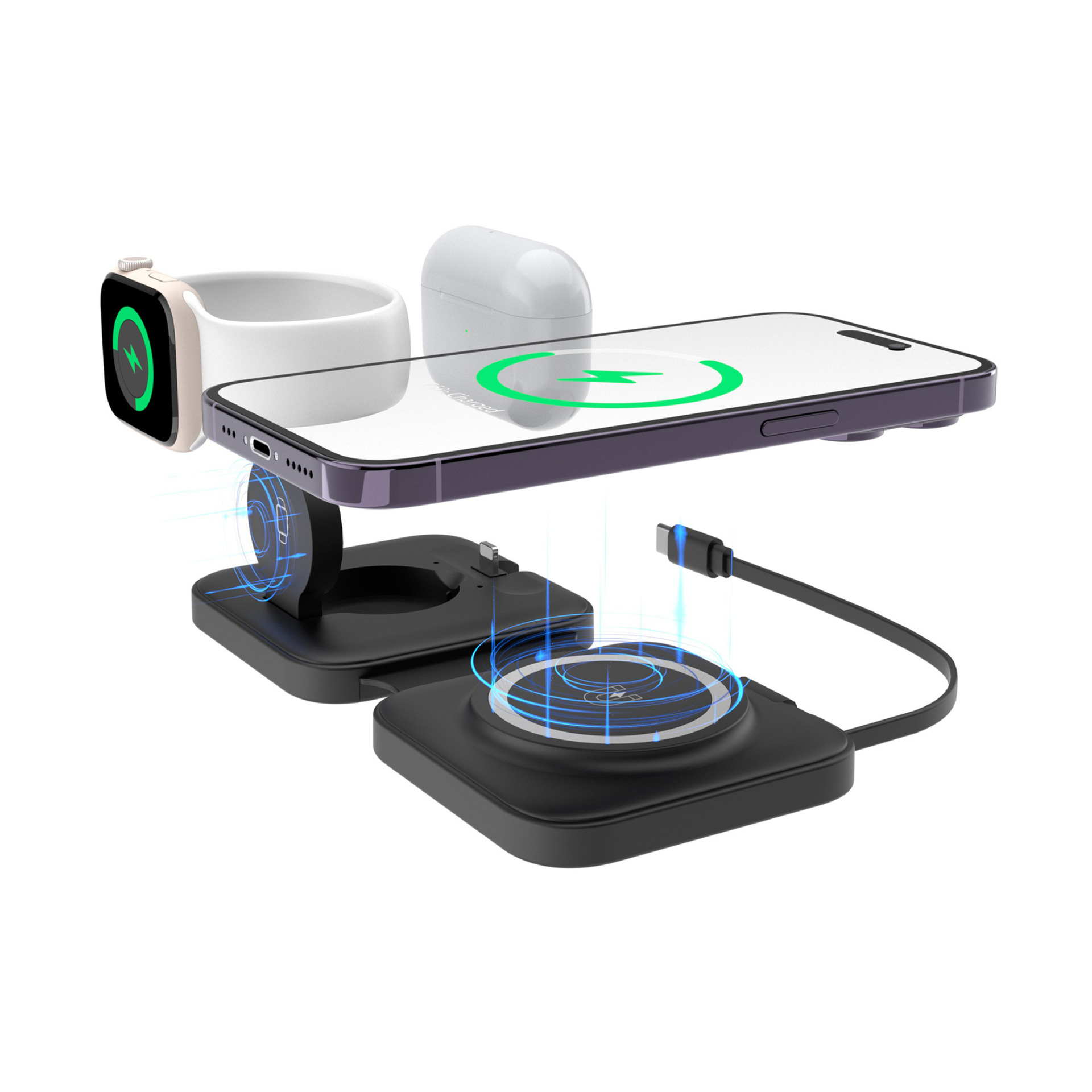 Three-in-one wireless charger Magsafe magnetic suction wireless charging folding with retractable cable for Apple series