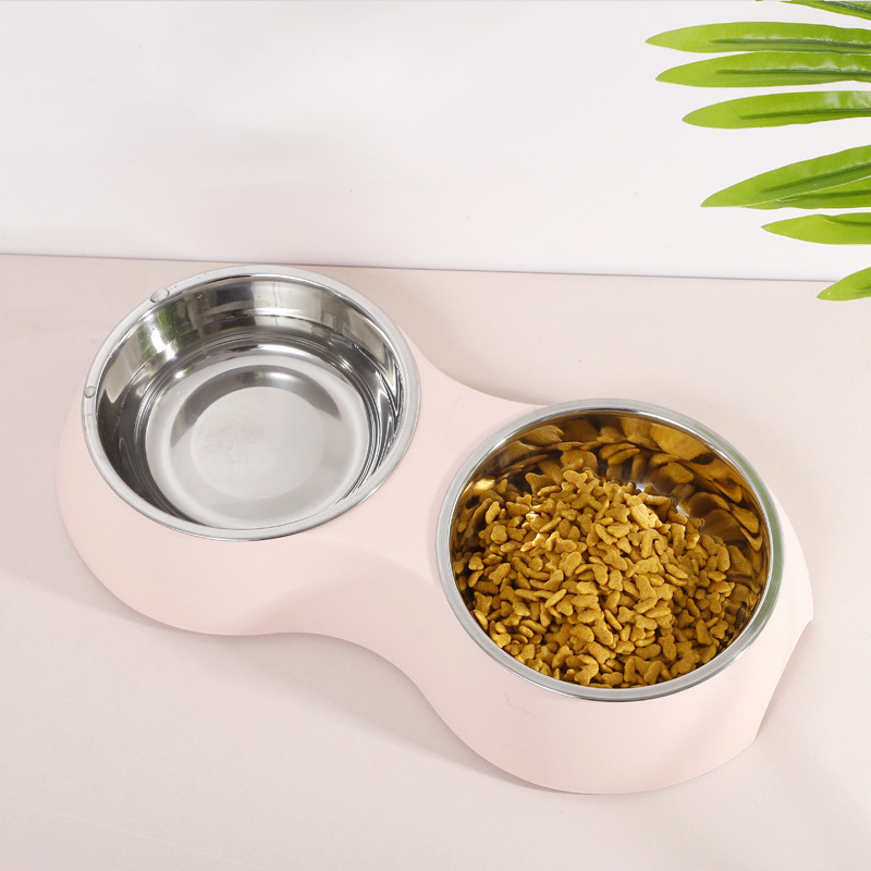 Pet Stainless Steel Double Bowl Dog Eatware Macaron Color Cowhide Textured Cat Bowl Oval Simple Double Bowl Wholesale