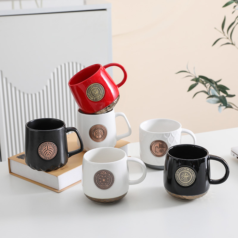 Peking University copper brand fish scale pattern mug can be customized logo copper seal coffee cup holiday gift water cup gift gift