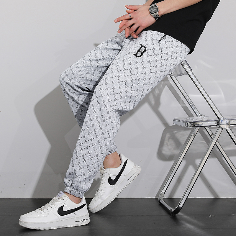 Sports pants men's spring and autumn loose straight ankle-tied sweatpants trendy printed casual pants spring overalls men