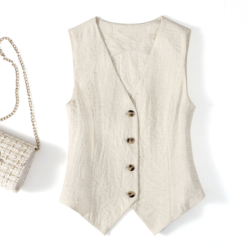Linen Vest Thin Women's Vest Summer New High-end Slim-fit Short Sleeveless Suit V-neck Waistcoat Vest