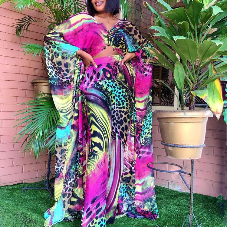 European and American Amazon New Digital Printed Chiffon Cardigan Loose Large Size Pants Two-piece Set African Robe