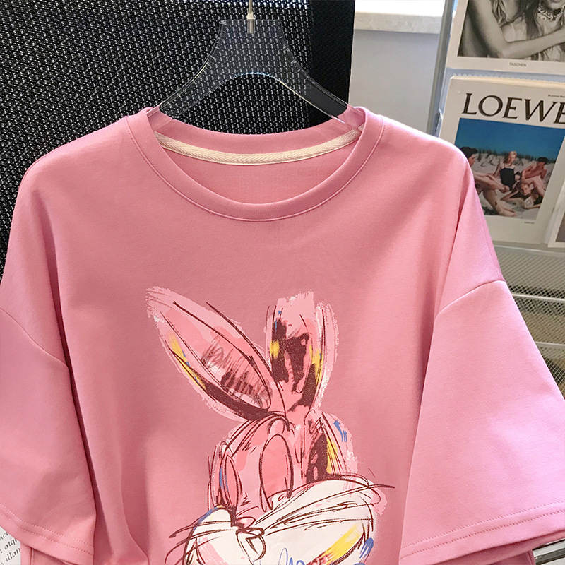 Pure cotton bag collar pink cartoon rabbit print short-sleeved T-shirt for women 2024 summer new loose mid-length top