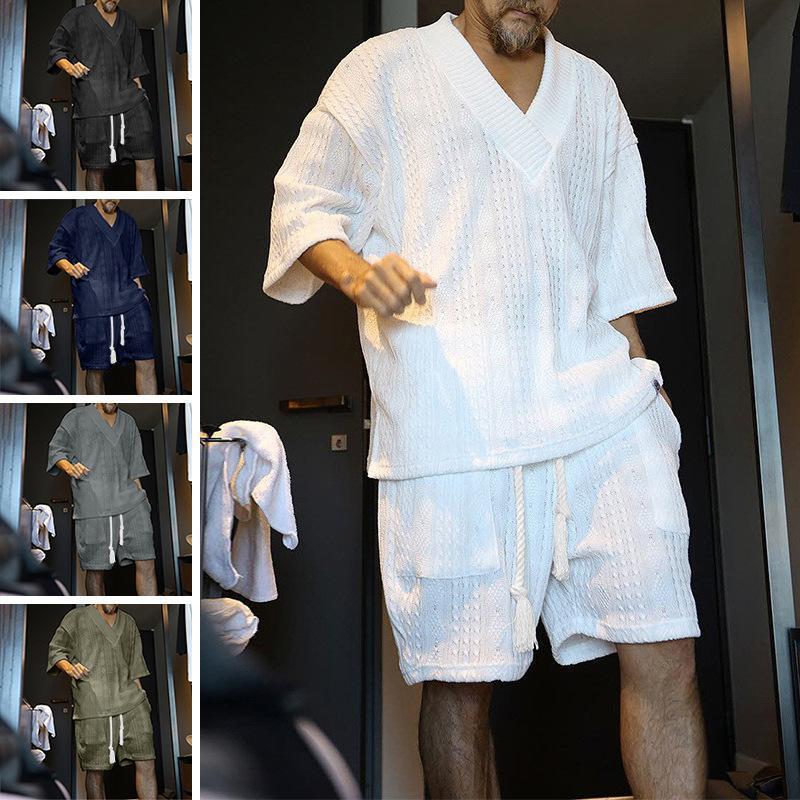 Casual sweater suit men's summer loose short-sleeved T-shirt shorts men's woolen suit men's 2023 Summer new