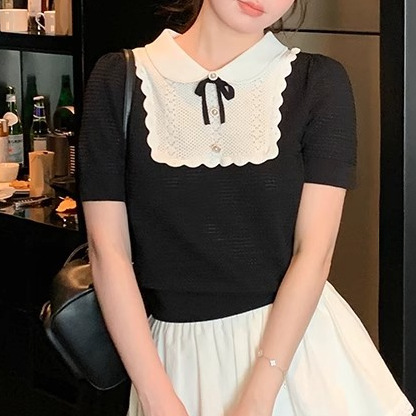 2024 Summer New French KniTwear ShorT-sleeved T-shirT Women's Doll Collar Bow Top SweeT Age ReducTion