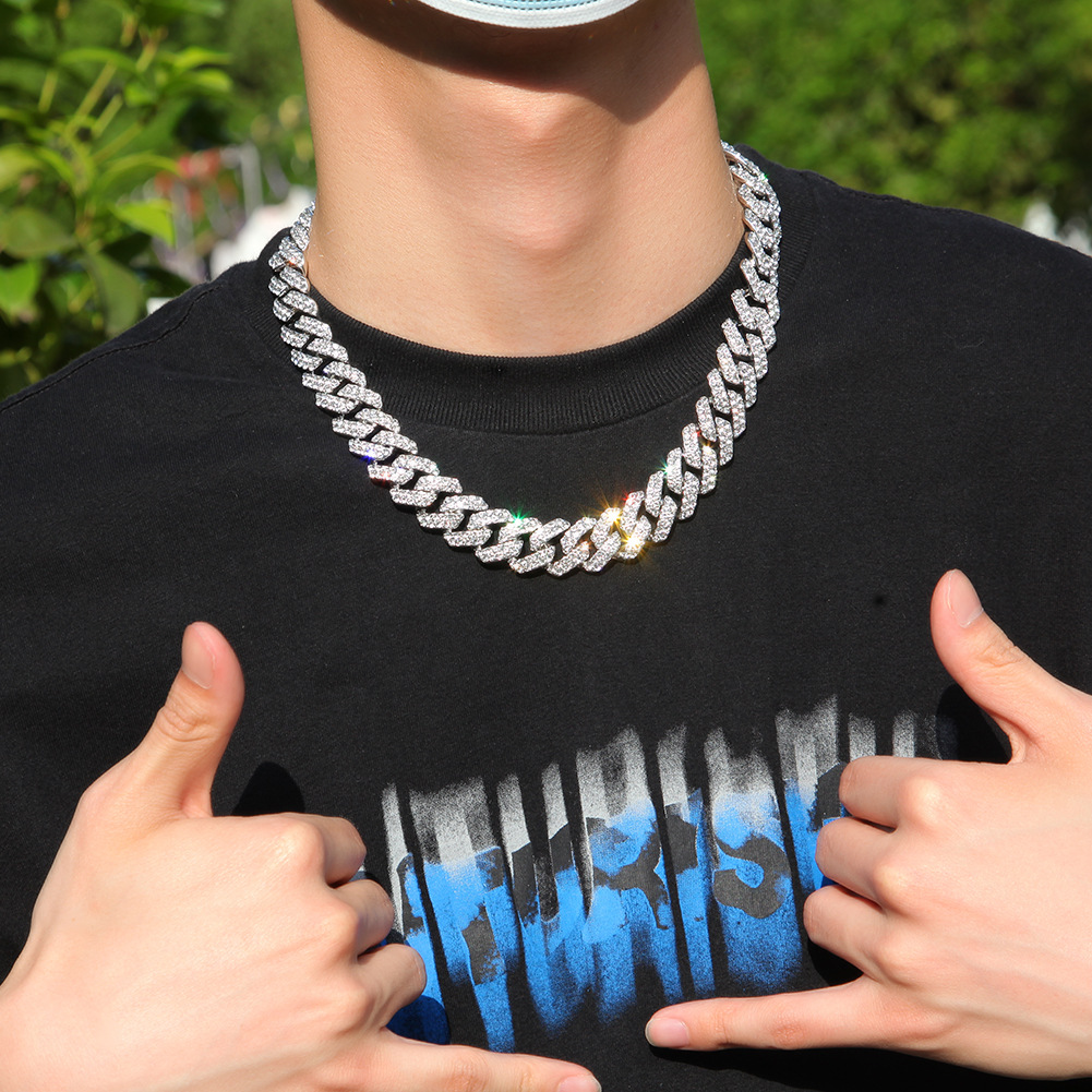 European and American trend plating 18mm Cuban chain men's rock punk full diamond alloy hip hop fashion metal necklace