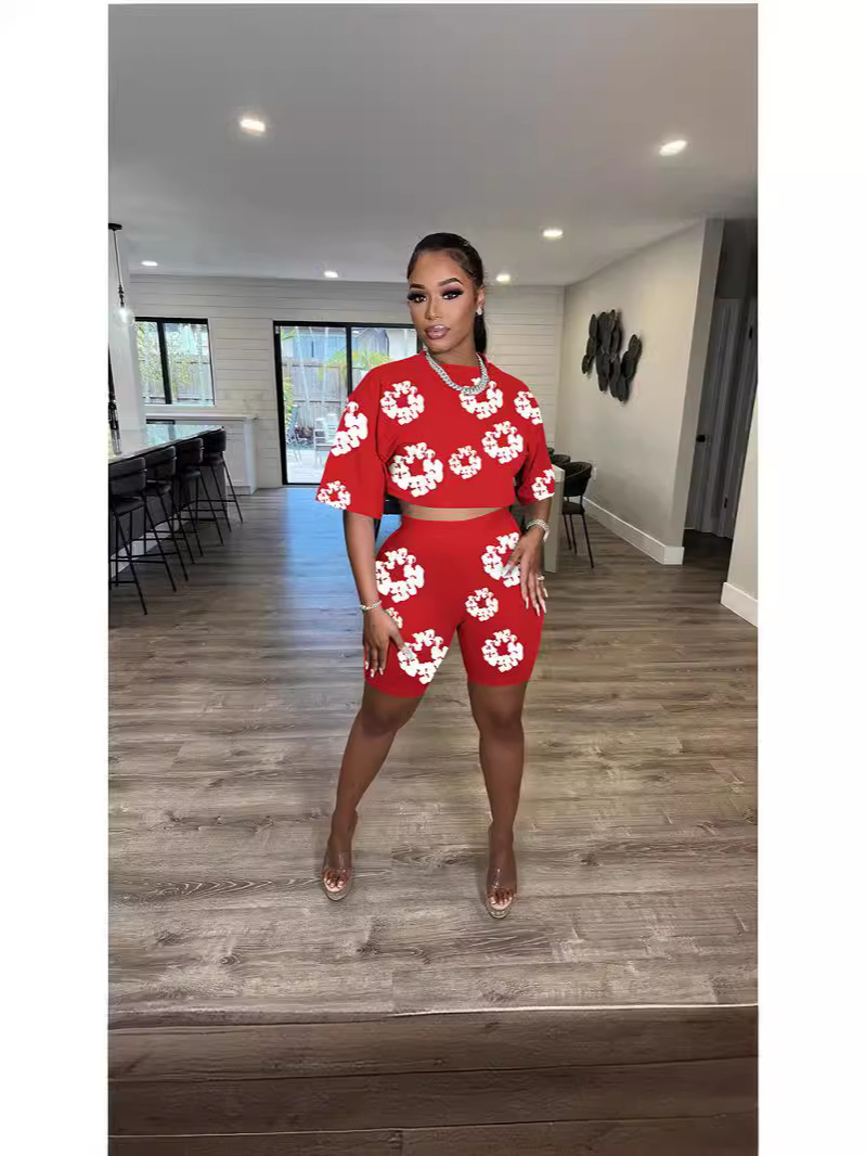 D88224 European and American women's independent station summer cross-border supply round neck short sleeve shorts popular digital printing suit