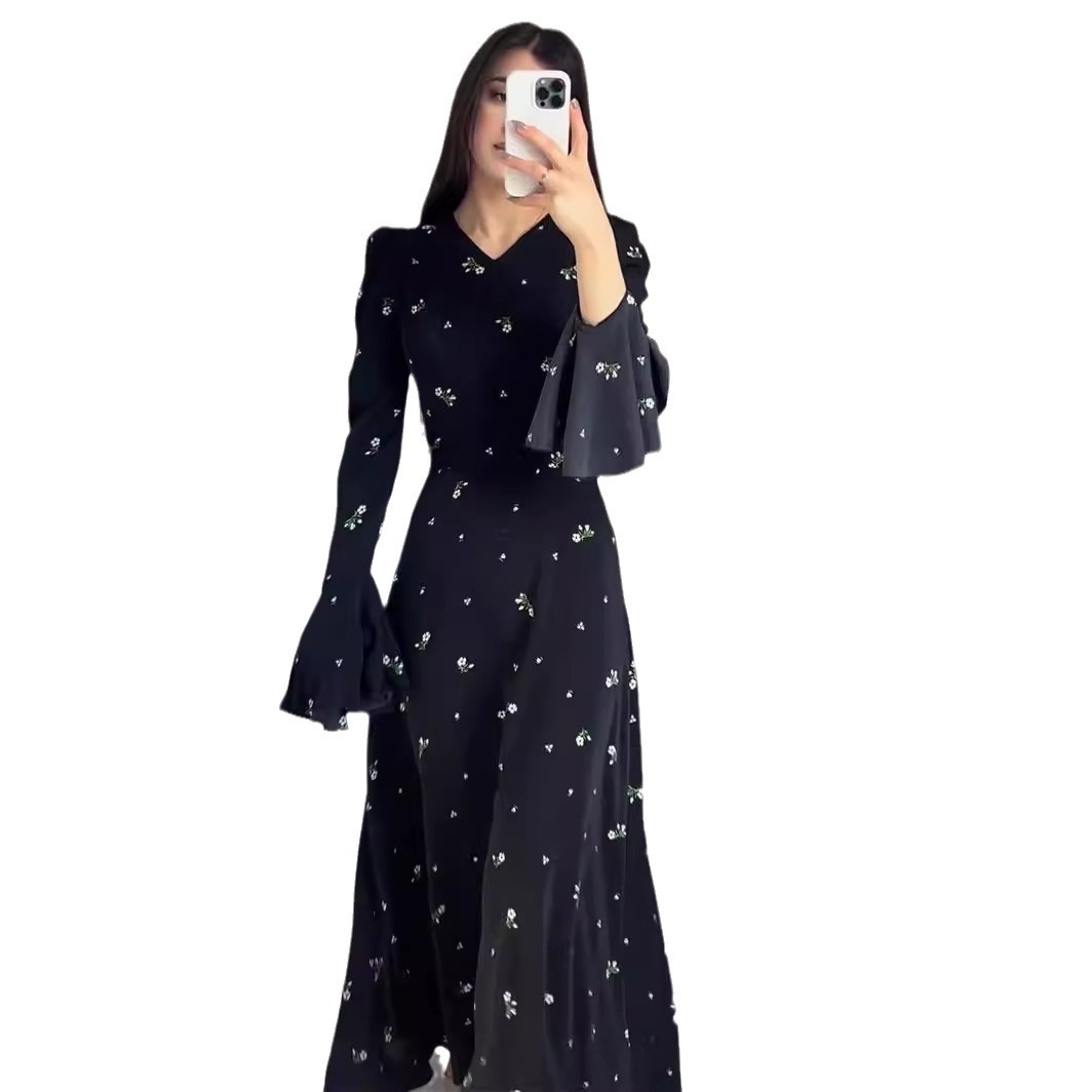 Middle East Amazon 2024 Spring New Lotus Leaf Sleeve Waist Floral Gentle Style Dress