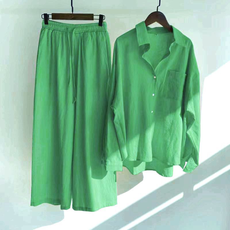 Cross-border  Women's 2-piece Vintage Plus Size 2022 Cotton and Linen Shirt Set High Waist Loose Trousers_voghion.com