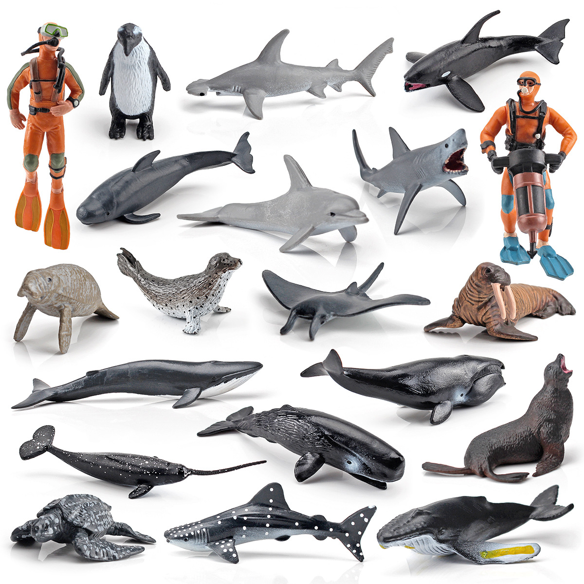 跨境仿真虎鯨魔鬼魚海獅企鵝海豚海豹海洋動物潛水員模型套裝擺件