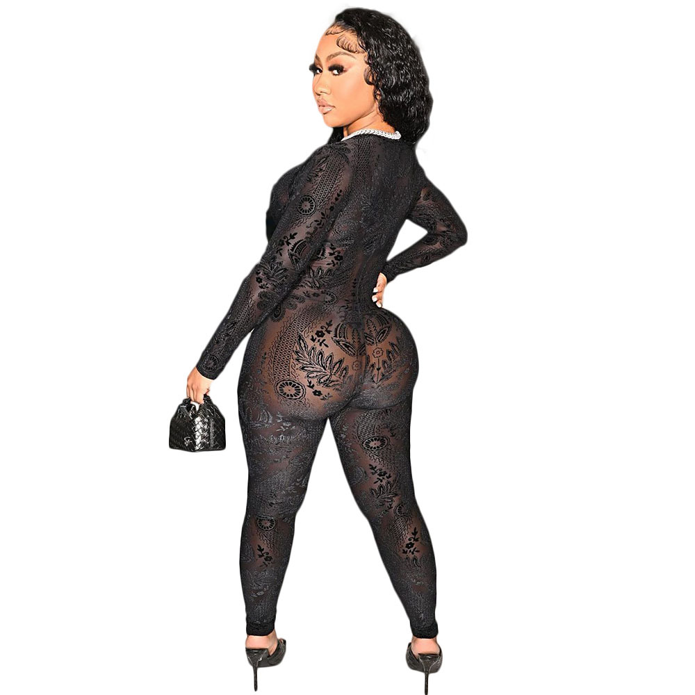 DY6676 European and American women's clothing Amazon Wish sexy deep U perspective mesh printed slim jumpsuit nightclub