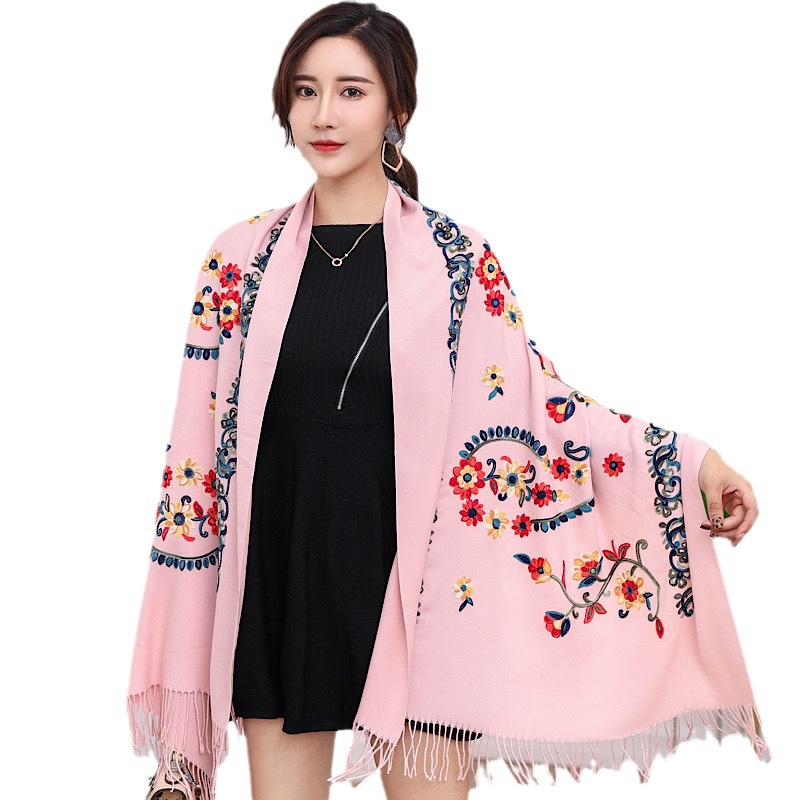 Autumn and Winter Explosions Flower Embroidered Cashmere Scarf Women's Ethnic Style Embroidered Shawl Thickened Warm Tassel Scarf for Women