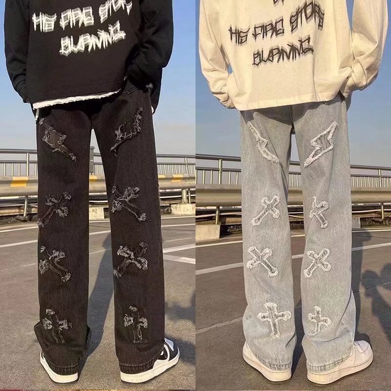 美式vibe風褲子高街in潮小眾十字架牛仔褲女美式hiphop炸街闊腿褲