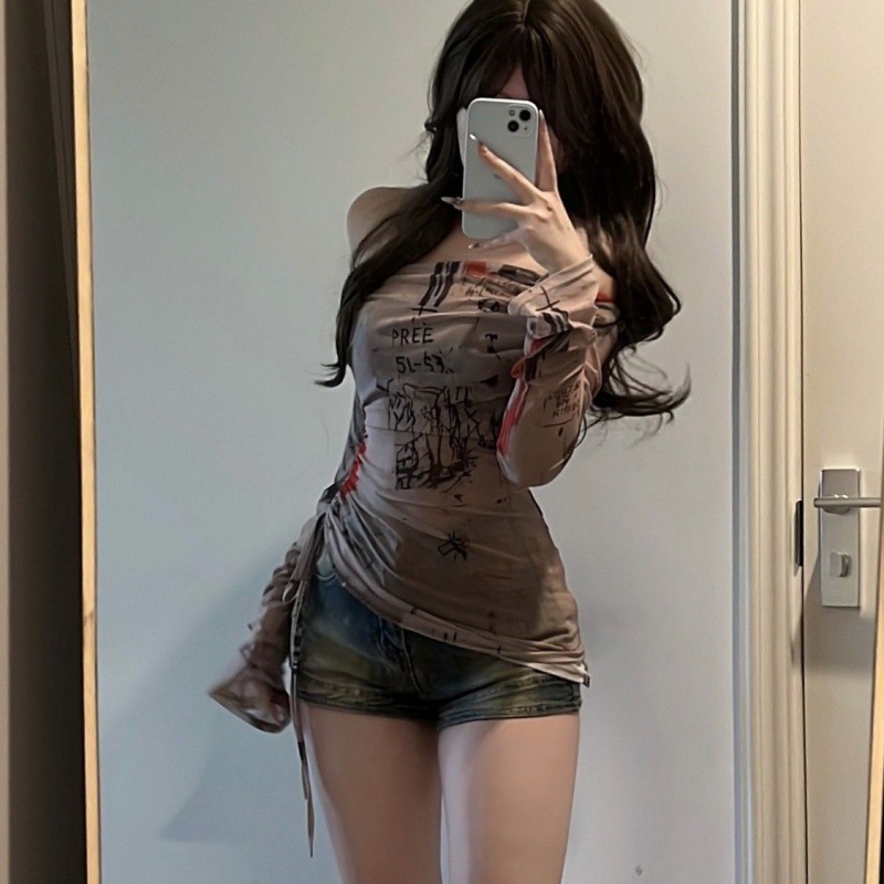 American-style off-shoulder long-sleeved T-shirt women's summer thin mesh graffiti printed irregular drawstring top