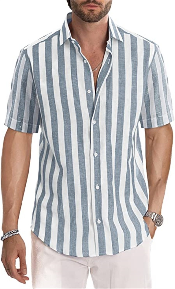 Amazon New Fashion men's short sleeve striped lapel shirt spring and autumn shirt source factory